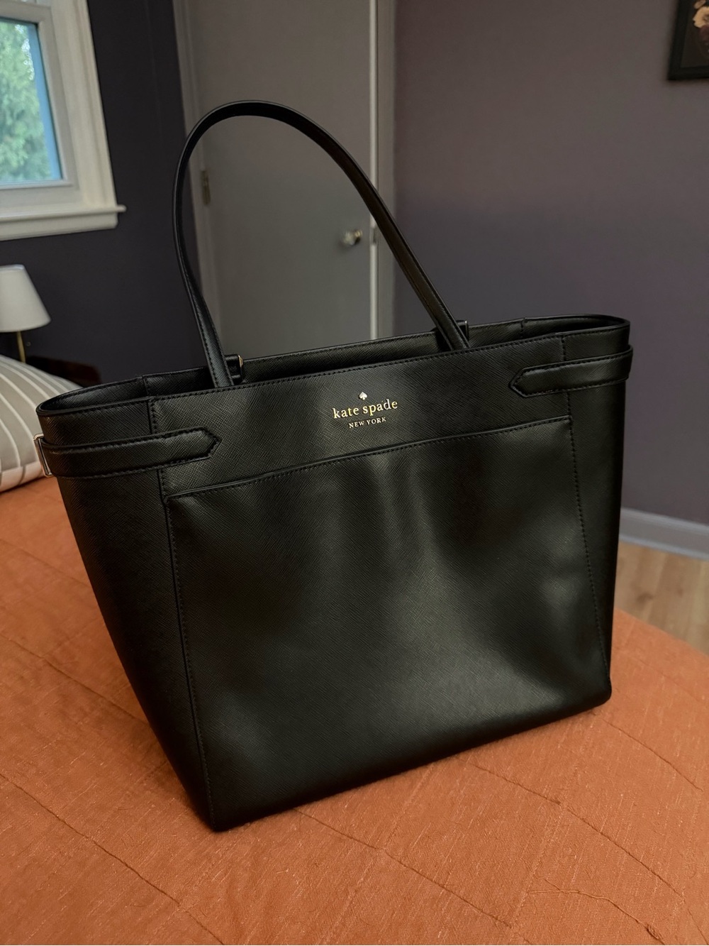 kate spade Black Leather Structured Tote with Gold Logo